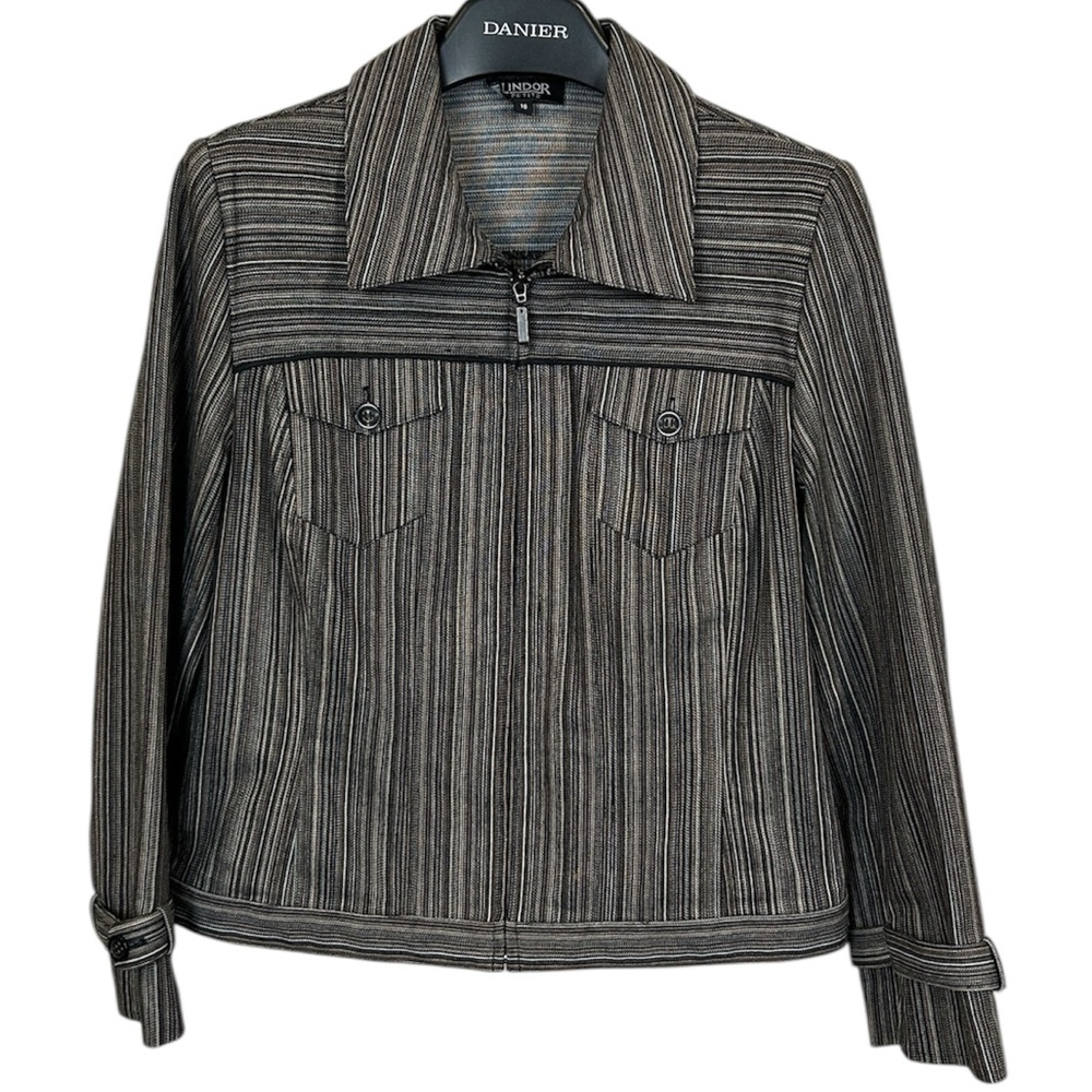 Lindor‎ Petite Striped Zip Front Jacket Brown Black Cream Women’s Size 16P